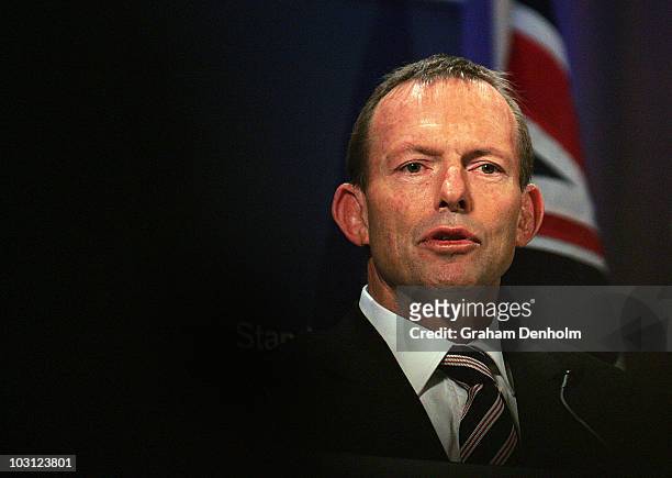 Opposition Leader Tony Abbott talks during a joint press conference at the Intercontinental Hotel on July 28, 2010 in Sydney, Australia. The...