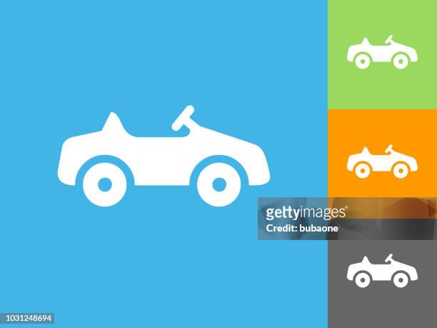 spielzeug auto flach-symbol auf blauem hintergrund - spielzeugauto stock-grafiken, -clipart, -cartoons und -symbole