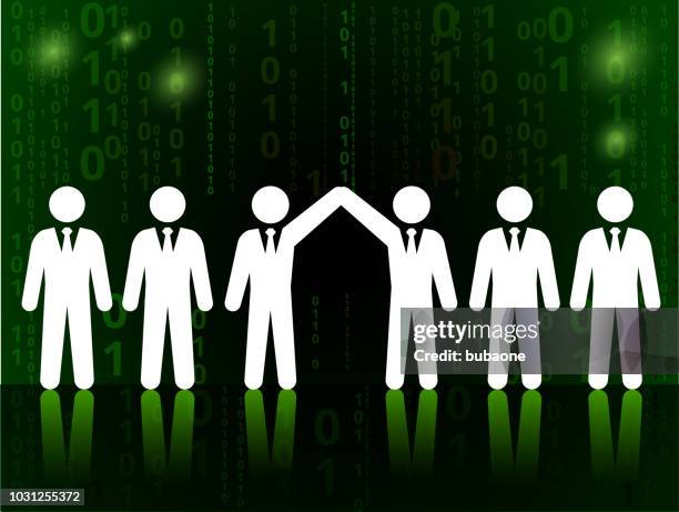 business deal and partnership on binary code black background - virtual handshake stock illustrations
