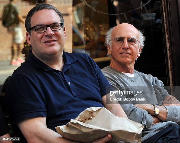Jeff Garlin and Larry David on location for "Curb Your Enthusiasm" on the streets of Manhattan on July 27, 2010 in New York City.