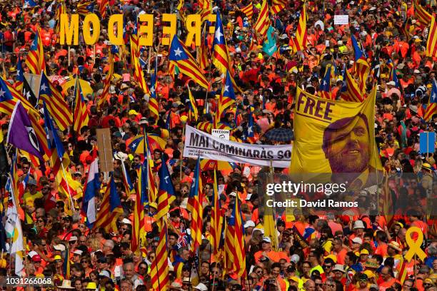 Demonstrators take part in a march celebrating the Catalan National day on September 11, 2018 in Barcelona, Spain. The Spanish northeastern...