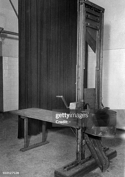 Guillotine is seen at the Nazi concentration camp of Dachau, near Munich, 18 April 1945 upon the liberation of the camp by Allied troops.