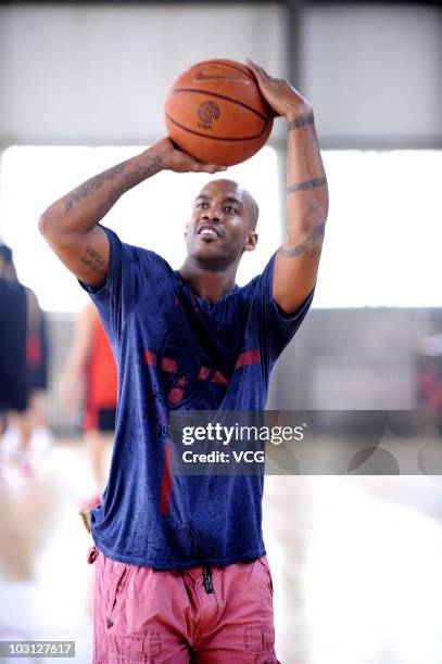 Former NBA player Stephon Marbury attends pre-season training of Shanxi Zhongyu basketball team at Binhe Sports Stadium on July 28, 2010 in Taiyuan,...