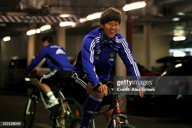 Heung-Min Son and team mates prepare for a bicycle trip during the pre-season training camp of Hamburger SV at the Aqua Dome hotel on July 28, 2010...