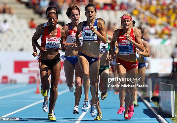 Layes Abdullayeva of Azerbaijan, Sophie Duarte of France and Marta Dominguez of Spain compete in the Womens 3000m Steeplechase Heat during day two of...