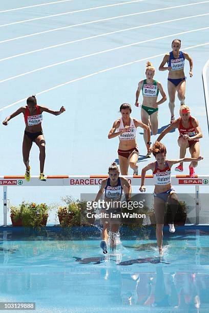 Sophie Duarte of France and athletes compete in the Womens 3000m Steeplechase Heat during day two of the 20th European Athletics Championships at the...
