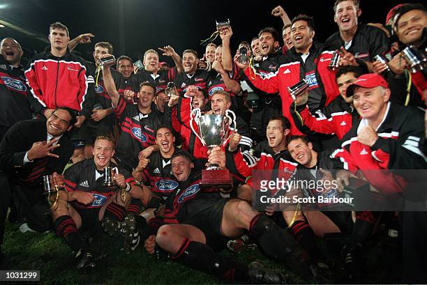 The Canterbury Crusaders celebrate defeating the ACT Brumbies 20-19 in the Final of the Super 12 played at Bruce Stadium,Canberra,Australia....