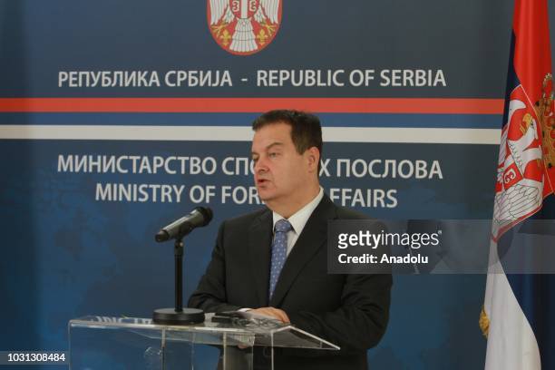Serbian Foreign Minister Ivica Dacic makes a speech during a joint press conference with Moroccan Foreign Minister Nasser Burita in Belgrade, Serbia...