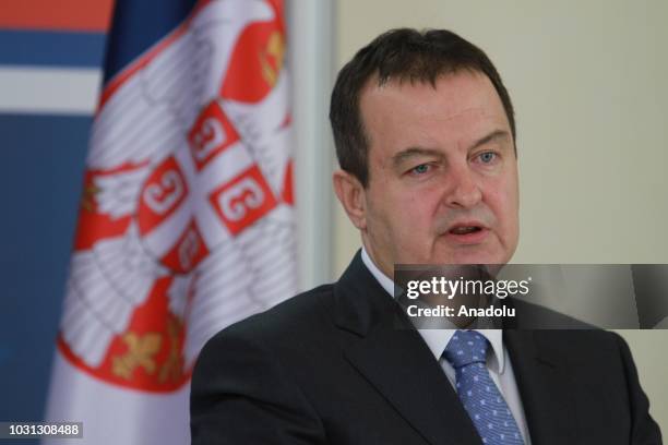 Serbian Foreign Minister Ivica Dacic makes a speech during a joint press conference with Moroccan Foreign Minister Nasser Burita in Belgrade, Serbia...