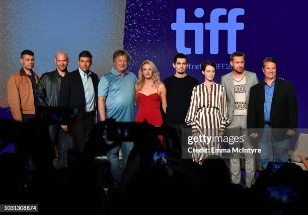 Patrick Fugit, Corey Stoll, Kyle Chandler, Mark Armstrong, Olivia Hamilton, Damien Chazelle, Claire Foy, Ryan Gosling, and Rick Armstrong attend the...