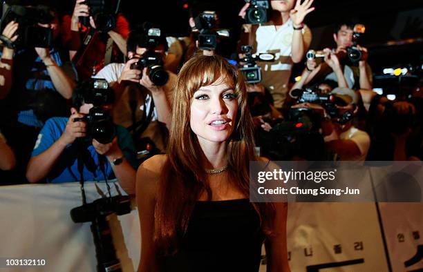 Actress Angelina Jolie attends the "Salt" South Korea premiere at the Time Square on July 28, 2010 in Seoul, South Korea. The film will open on July...