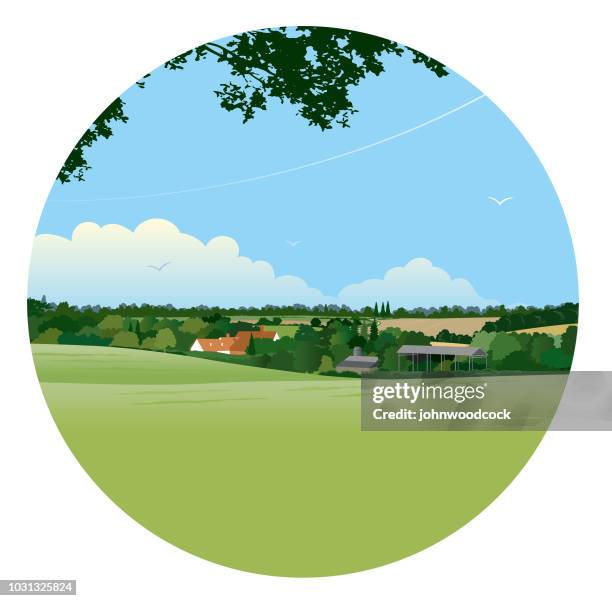 circular landscape illustration - trees sky stock illustrations