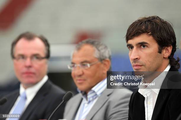 Member of the board Clemens Toennies, Felix Magath and Raul Gonzalez attend the FC Schalke press conference at the Veltins Arena on July 28, 2010 in...