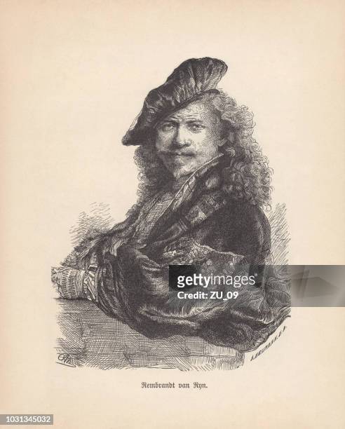 stockillustraties, clipart, cartoons en iconen met rembrandt harmensz. van rijn, zelfportret, houtgravure, gepubliceerd in 1888 - rembrandt
