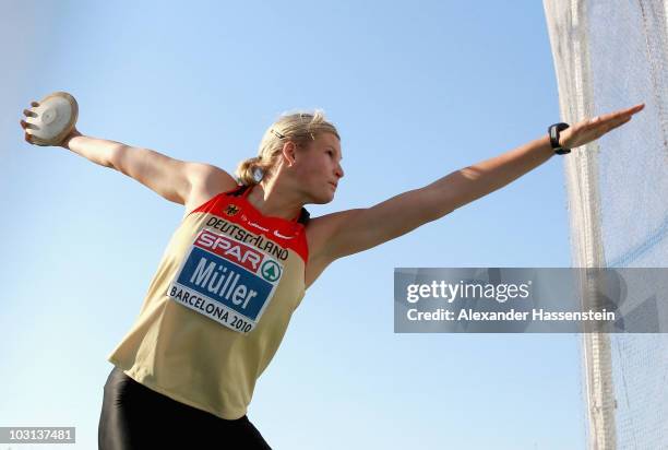 Nadine Muller of Germany competes in the Womens Discus Final during day two of the 20th European Athletics Championships at the Olympic Stadium on...