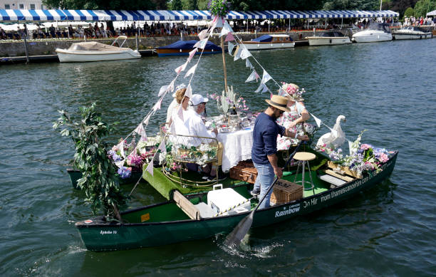 Spectators on the water watching the Henley Royal Regatta on The River Thames July 6, 2018 in Henley England.