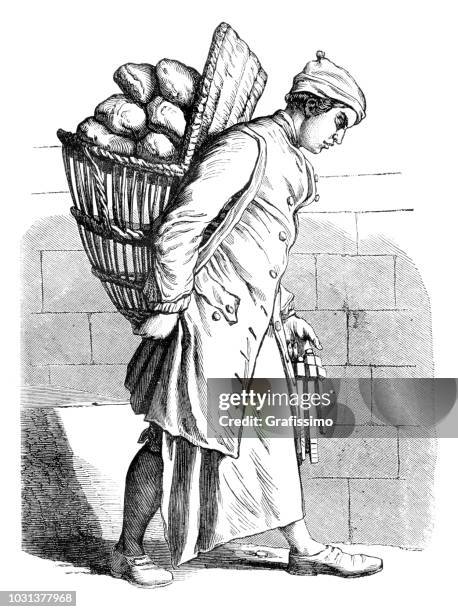 baker with bread on the back 18th century illustration - bread stock illustrations