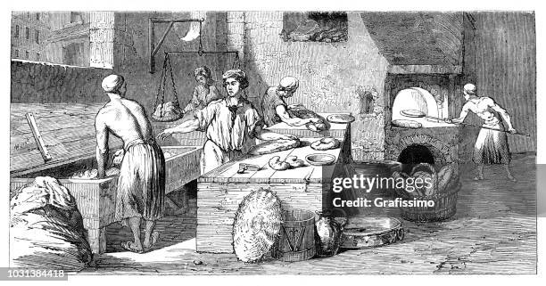 baker baking bread in bakery 18th century illustration - baker occupation stock illustrations