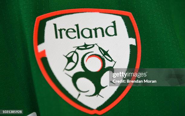Dublin , Ireland - 11 September 2018; The crest of the Republic of Ireland is seen on a jersey in the dressingroom prior to the UEFA European U21...