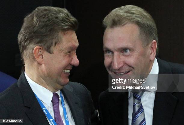 Russian State Corporation of VEB Chairman Igor Shuvalov and Gazprom CEO Alexei Miller smile during Russian-Chinese meeting at the Eastern Economic...