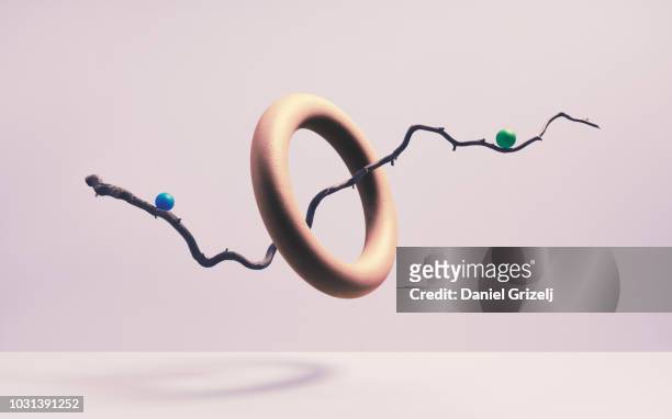Two marbles balancing on each side of a branch located threw spherical ring