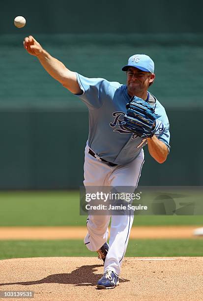 Starting pitcher Brian Bannister of the Kansas City Royals warms-up just prior to the start of the game against the Minnesota Twins on July 28, 2010...