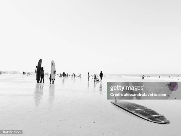 siluetas de surfistas y bañistas en la playa de el palmar en andalucia - siluetas stockfoto's en -beelden