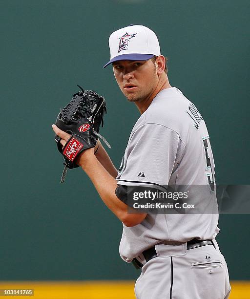 Pitcher Josh Johnson of the Florida Marlins against the Atlanta Braves at Turner Field on July 2, 2010 in Atlanta, Georgia.