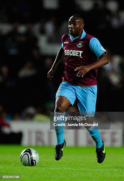Benni McCarthy of West Ham United in action during the pre-season friendly match between MK Dons and West Ham United at the Stadium MK on July 28,...