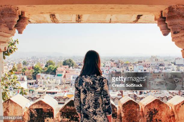 u geniet van de stad van udaipur - brunette woman back stockfoto's en -beelden