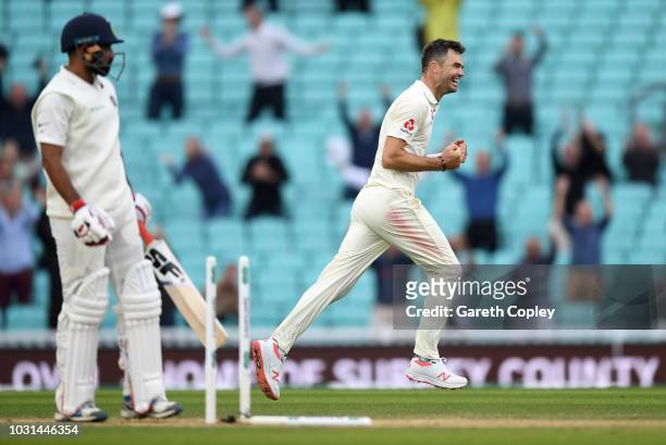 James Anderson of England celebrates taking the final wicket of Mohammed Shami to become the record test wicket taker for a pace bowler during day...
