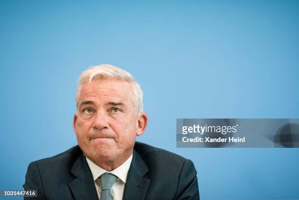 Thomas Strobl , deputy prime minister of Baden-Wurttemberg, speaks at a press conference at the Federal Press Office on September 11, 2018 in Berlin,...