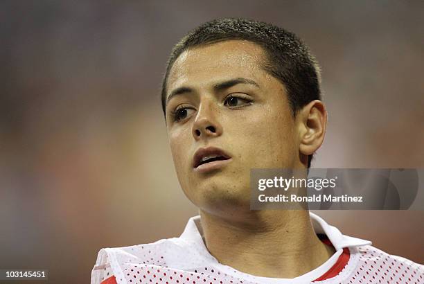 Javier Hernandez of Manchester United warms up prior to taking the field during the MLS All Star Game at Reliant Stadium on July 28, 2010 in Houston,...