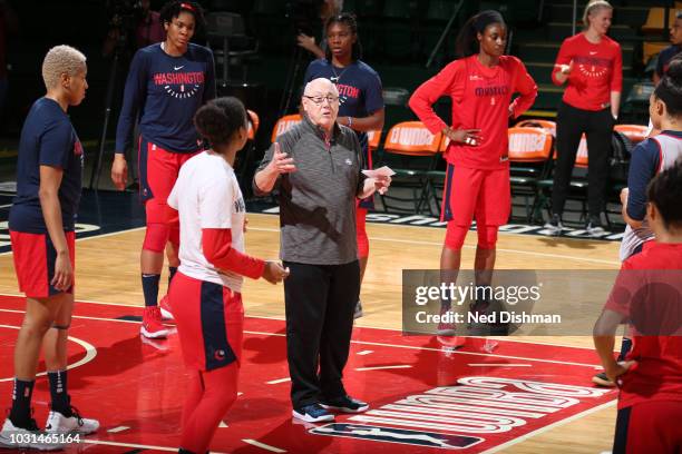 Mike Thibault of the Washington Mystics talks to his team at practice during the 2018 WNBA Finals on September 11, 2018 at George Mason University in...