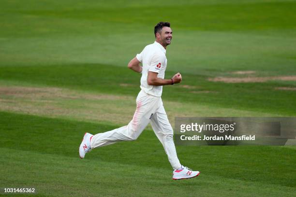 James Anderson of England celebrates taking the final wicket of Mohammed Shami to become the record test wicket taker for a pace bowler during day...
