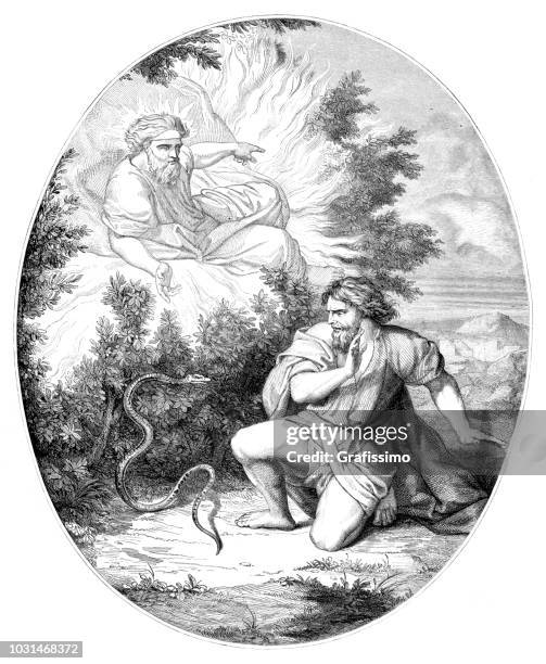 angel herauskommen der burning bush sprechen moses - moses religiöse figur stock-grafiken, -clipart, -cartoons und -symbole