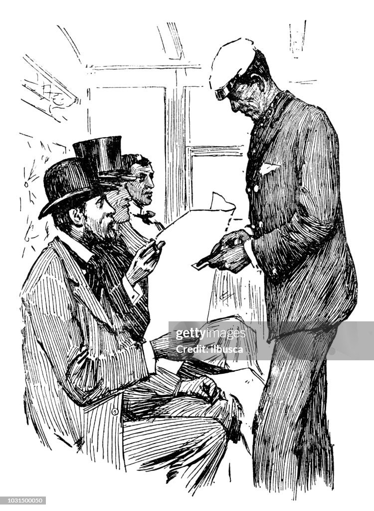 Antique engraving illustration: Train ticket inspector
