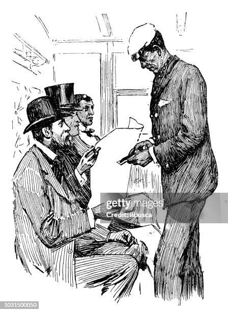 antique engraving illustration: train ticket inspector - train ticket stock illustrations