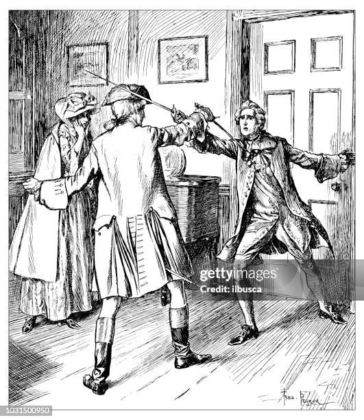 antique engraving illustration: duel indoor - dueling stock illustrations