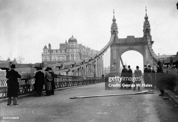 Police at the scene of an unsuccessful attempt by the Irish Republican Army to blow up Hammersmith Bridge in west London, 29th March 1939. The attack...