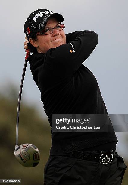 Becky Brewerton of Wales tees off during the first round of the 2010 Ricoh Women's British Open at Royal Birkdale on July 29, 2010 in Southport,...