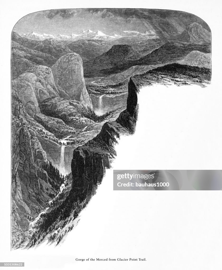 Gorge of the Merced River from Glacier Point Trail, Yosemite Valley, Yosemite National Park, Sierra Nevada, California, American Victorian Engraving, 1872