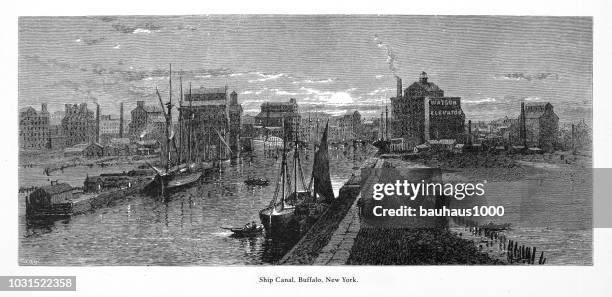 船運河, 水牛城, 紐約, 美國, 美國維多利亞時代的雕刻, 1872 - lake erie 幅插畫檔、美工圖案、卡通及圖標
