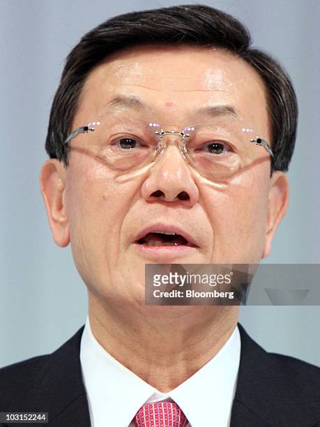 Fumio Ohtsubo, president of Panasonic Corp., speaks during a joint news conference with Seiichiro Sano, president of Sanyo Electric Co., and Shusaku...