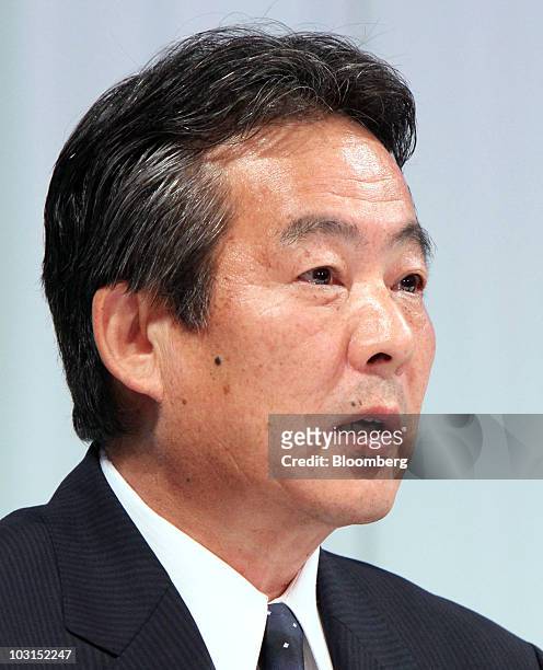 Seiichiro Sano, president of Sanyo Electric Co., speaks during a joint news conference with Fumio Ohtsubo, president of Panasonic Corp., and Shusaku...