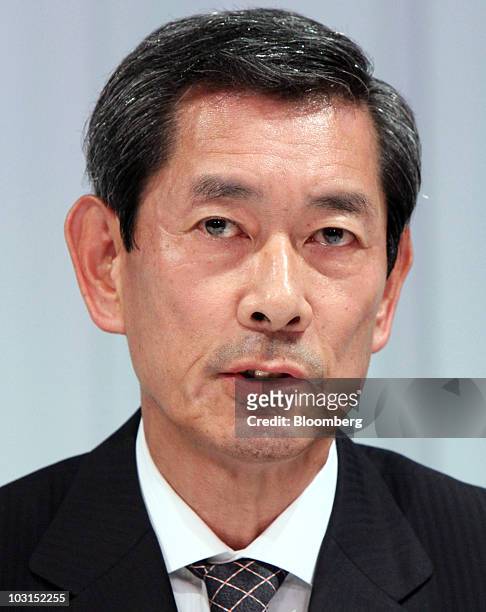 Shusaku Nagae, president of Panasonic Electric Works Co., speaks during a joint news conference with Fumio Ohtsubo, president of Panasonic Corp., and...