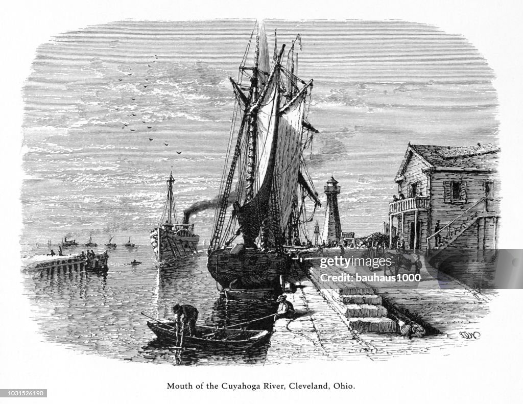 Mouth of the Cuyahoga River, Cleveland, Ohio, United States, American Victorian Engraving, 1872