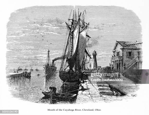 Mouth Of The Cuyahoga River Cleveland Ohio United States American Victorian Engraving 1872 High-Res Vector Graphic