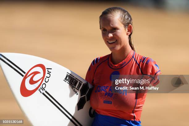 Bethany Hamilton exits the water during the women's qualifying round of the World Surf League Surf Ranch Pro on September 8, 2018 in Lemoore,...