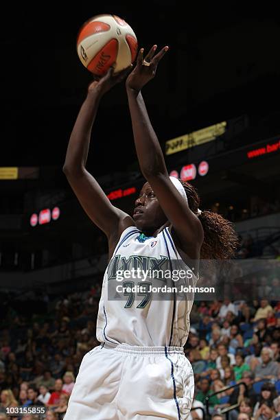 Hamchetou Maiga-Ba of the Minnesota Lynx looks for a pass during the WNBA game against the Phoenix Mercury on July 24, 2010 at the Target Center in...